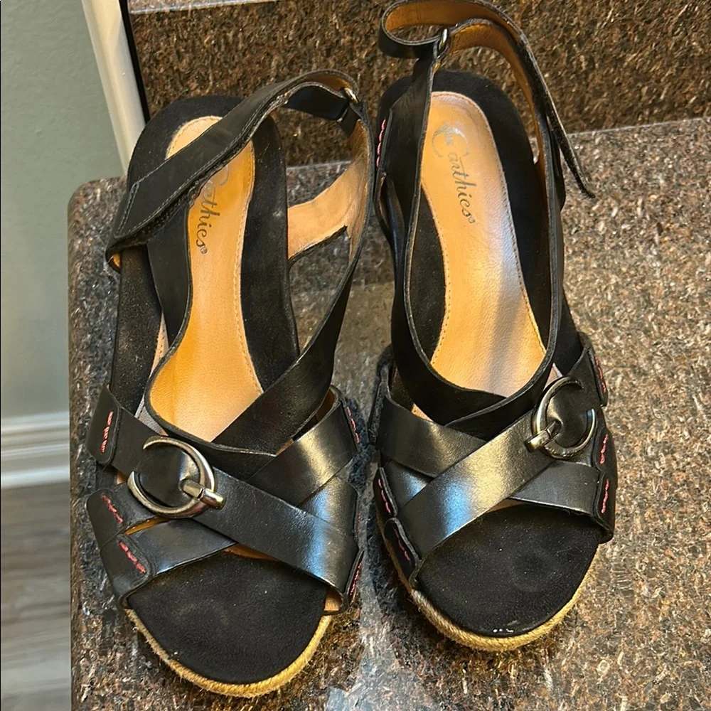NWOT Earthies Black Wedge Sandals with Cross Straps and Platform Heel
